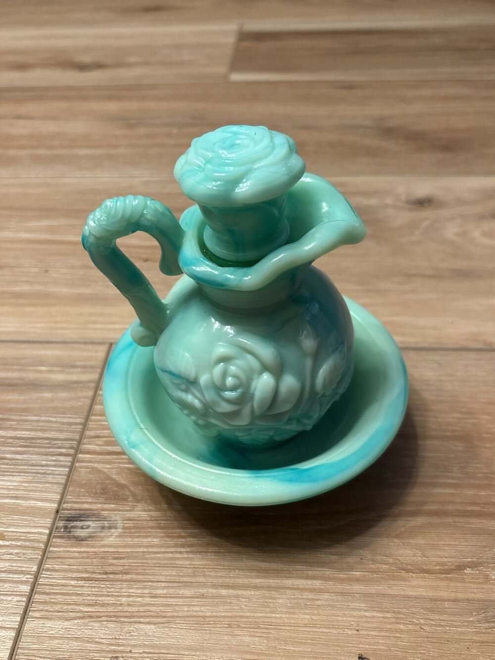 Vintage Avon Moonwind Foaming Bath Oil Blue Swirl Glass Pitcher and Basin FULL